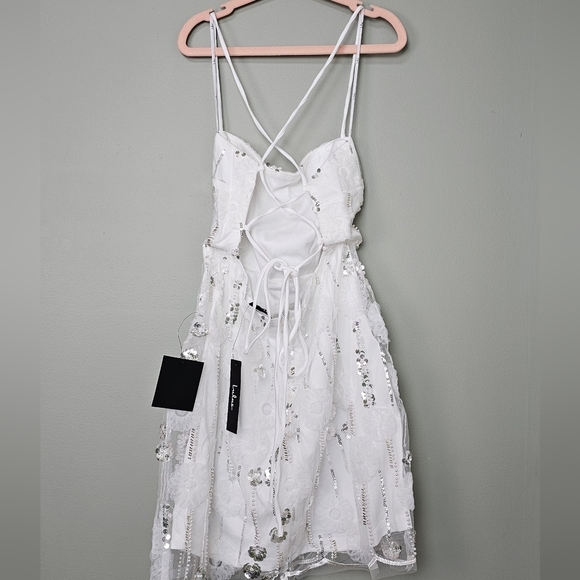 Lulus Sleeveless Sparkly Icon White Tulle 3D Floral Sequin Lace-up Mini Dress, L - Picture 8 of 15